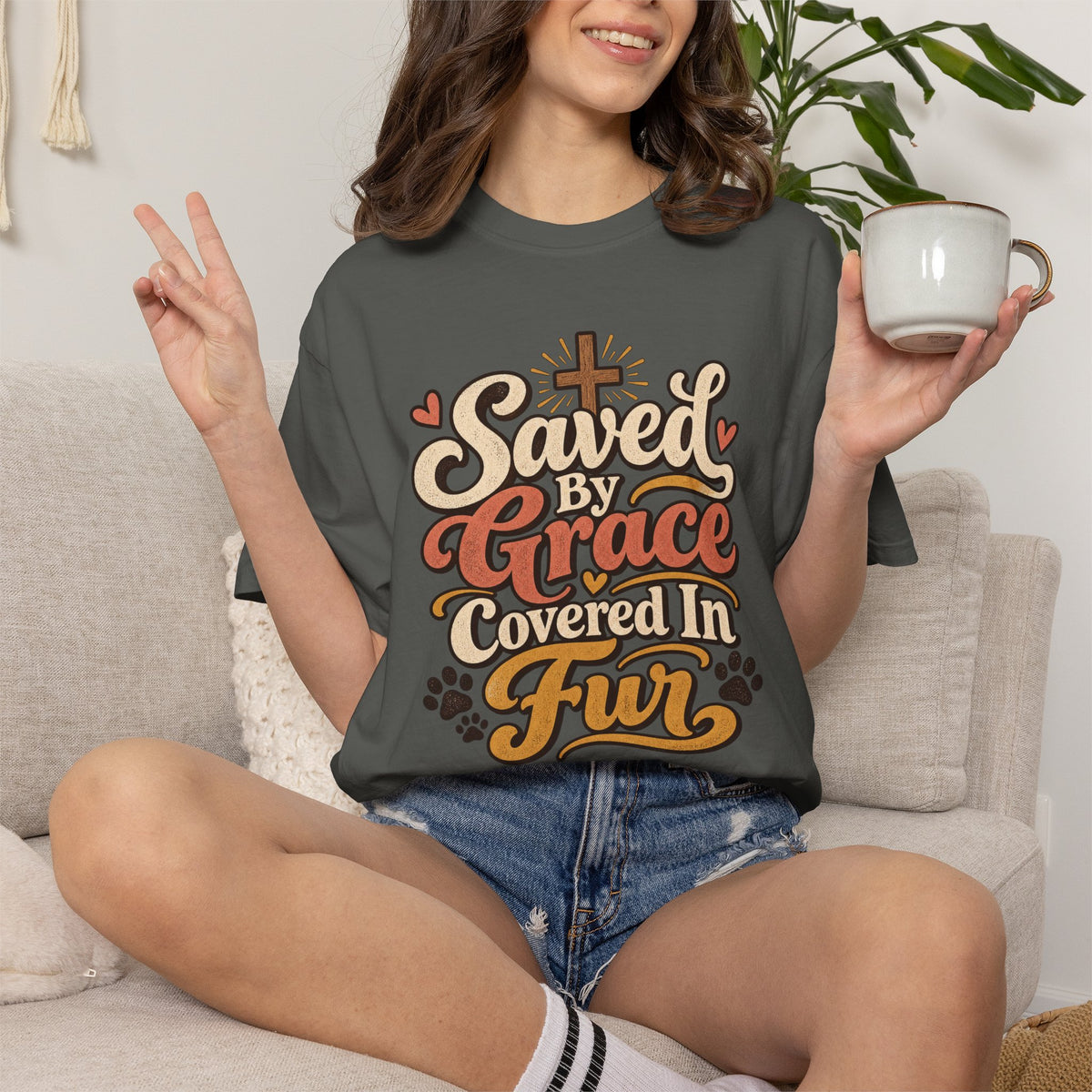 Saved By Grace Covered In Fur T-shirt | Christian Pet Lover Tee