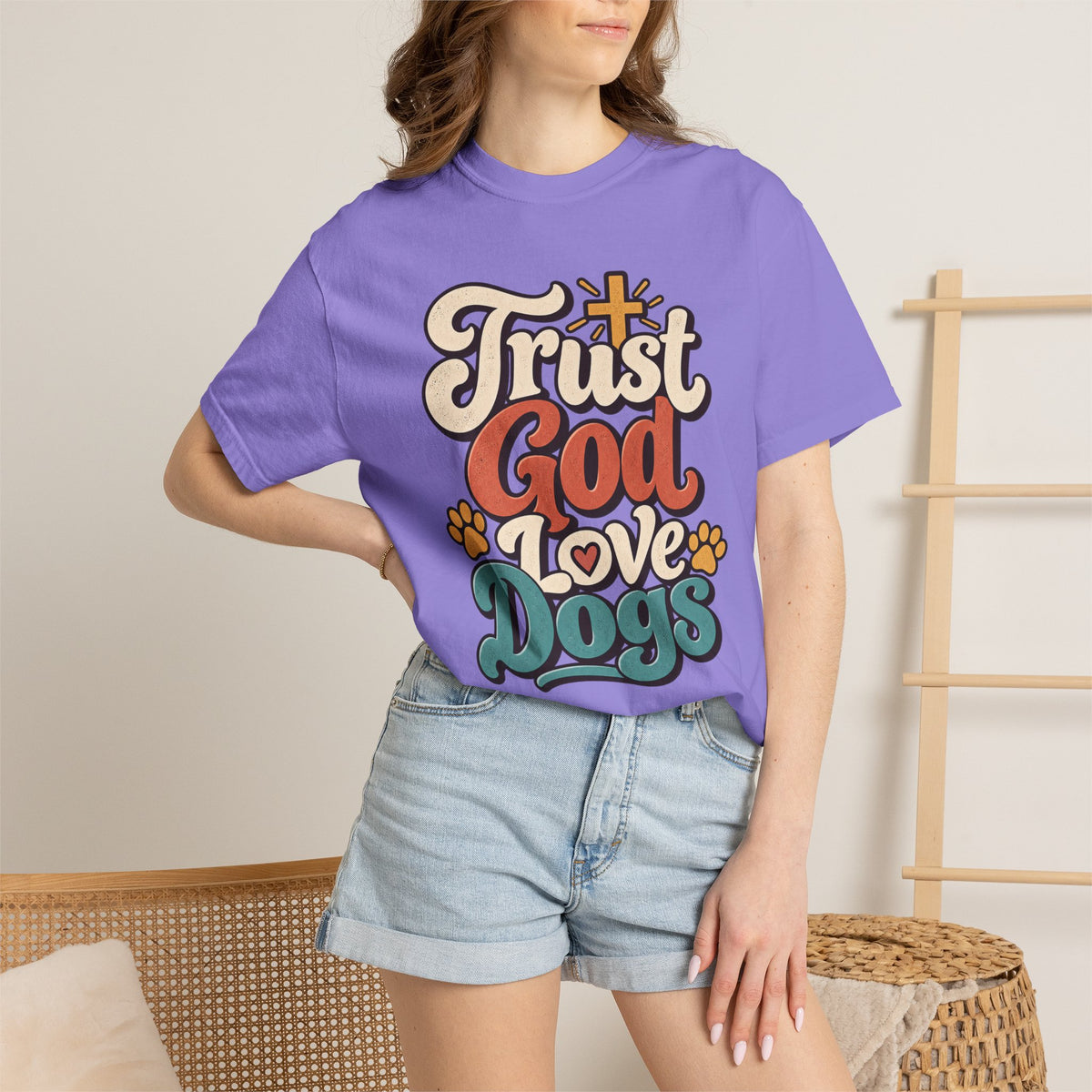 Trust God Love Dogs T-Shirt | Retro Paw Print Faith Tee