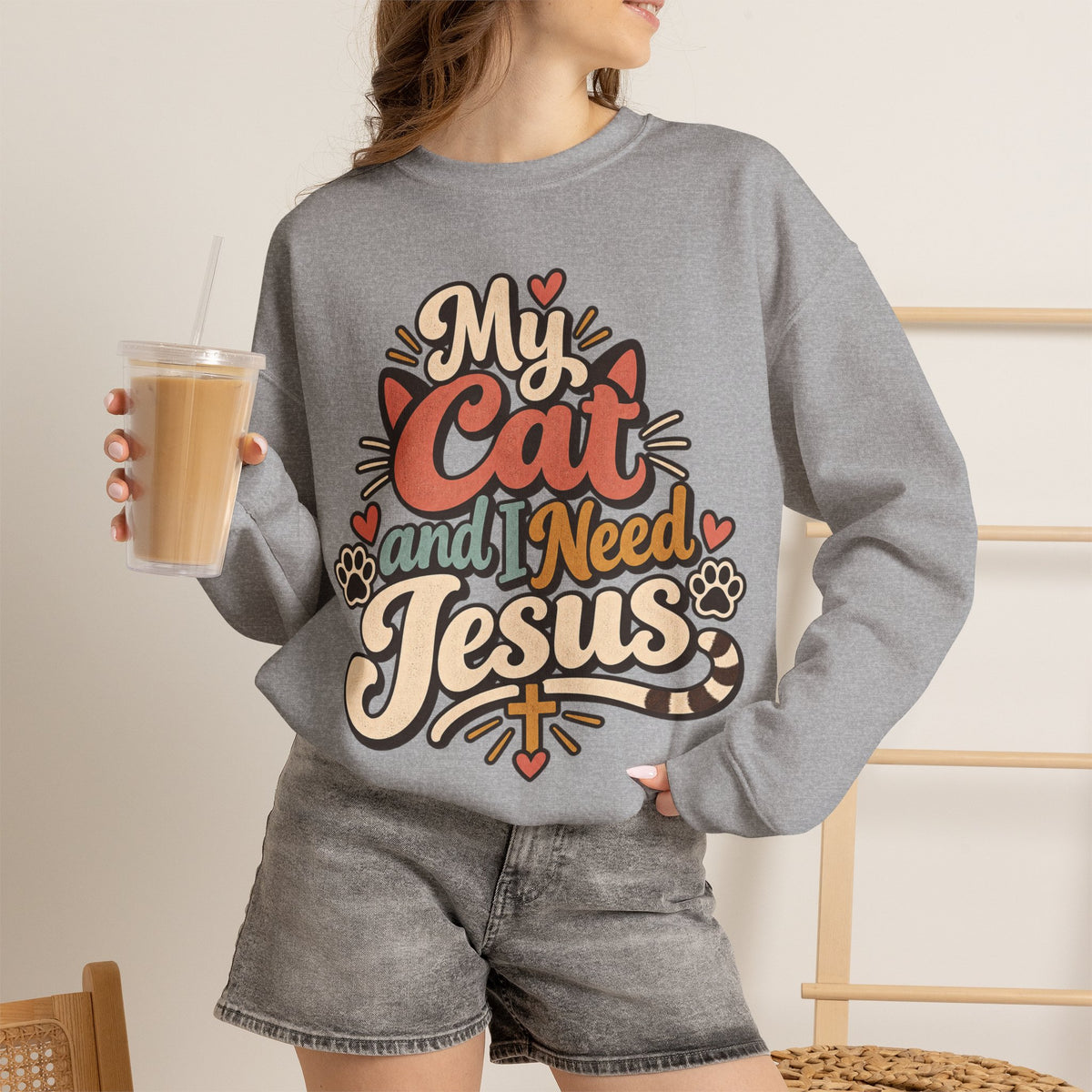 My Cat and I Need Jesus Sweatshirt | Cat Paw Faith Graphic