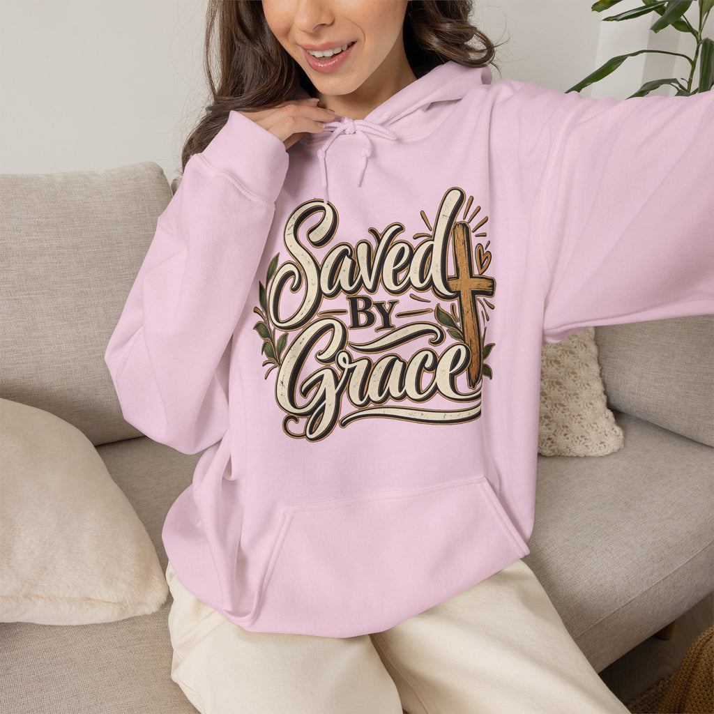 Saved by Grace Hoodie | Christian Cross Typography, Faith Apparel