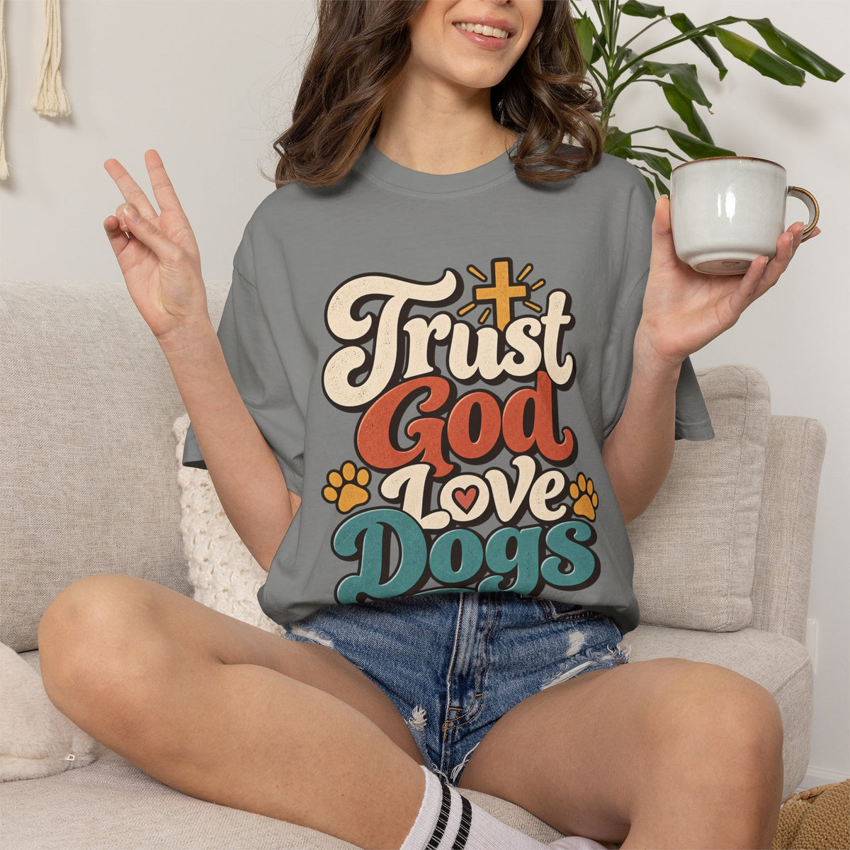 Trust God Love Dogs T-Shirt | Retro Paw Print Faith Tee