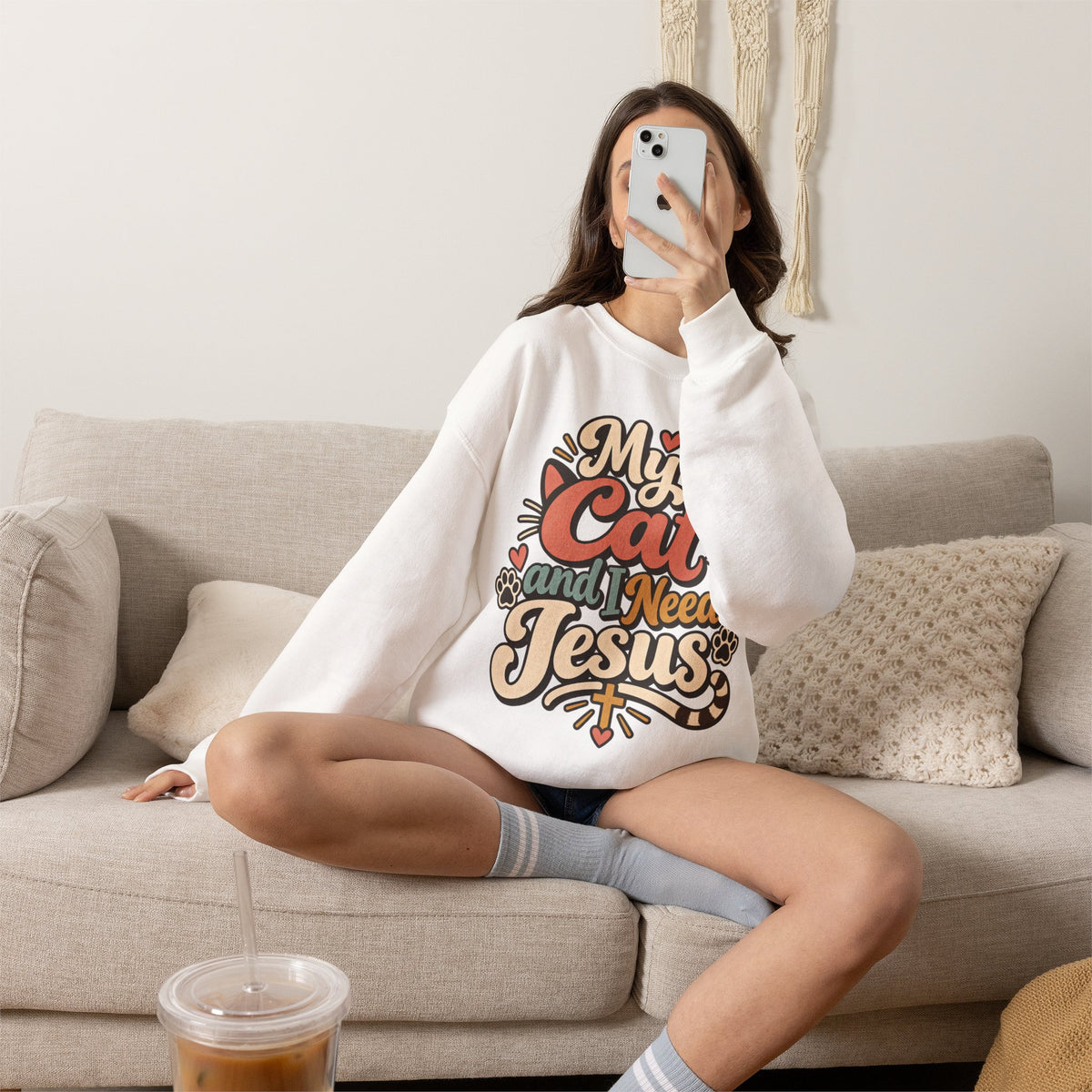 My Cat and I Need Jesus Sweatshirt | Cat Paw Faith Graphic