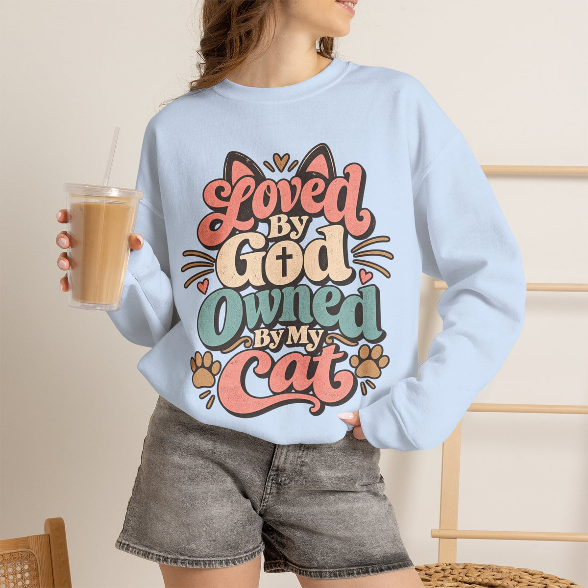 Loved by God Owned by My Cat Sweatshirt | Cute Cat Paw Typography