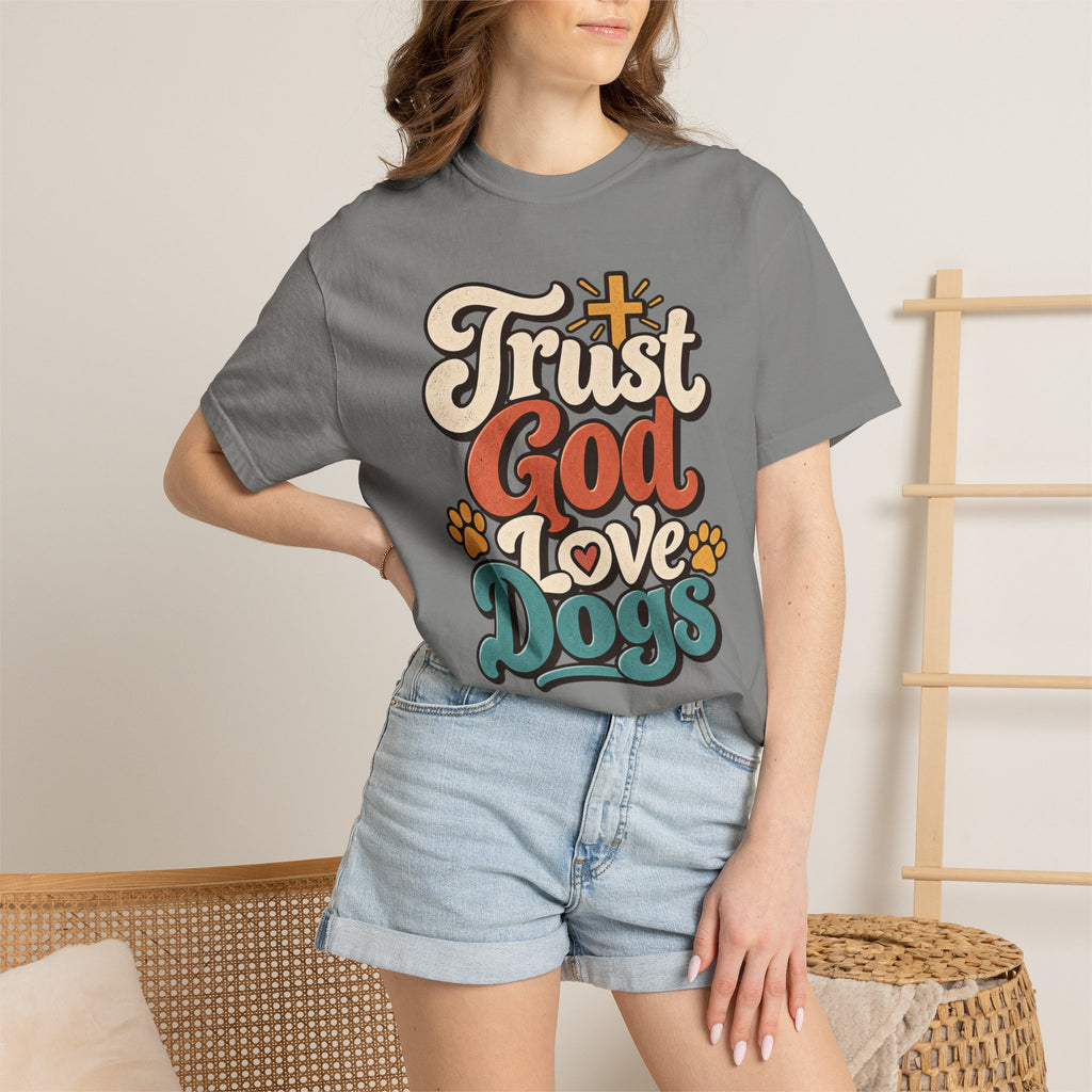 Trust God Love Dogs T-Shirt | Retro Paw Print Faith Tee
