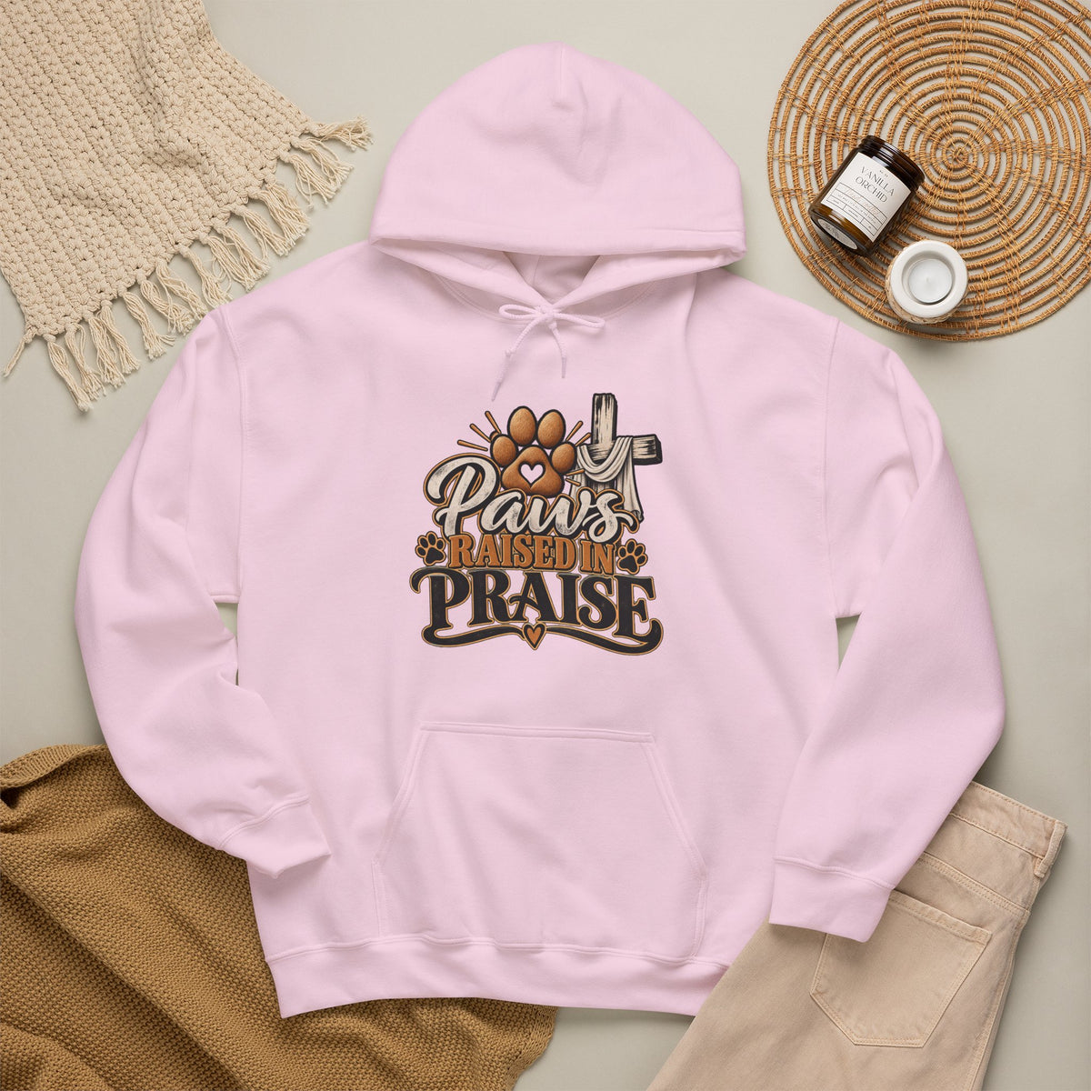 Paws Raised in Praise Hoodie | Christian Paw Print Cross Design