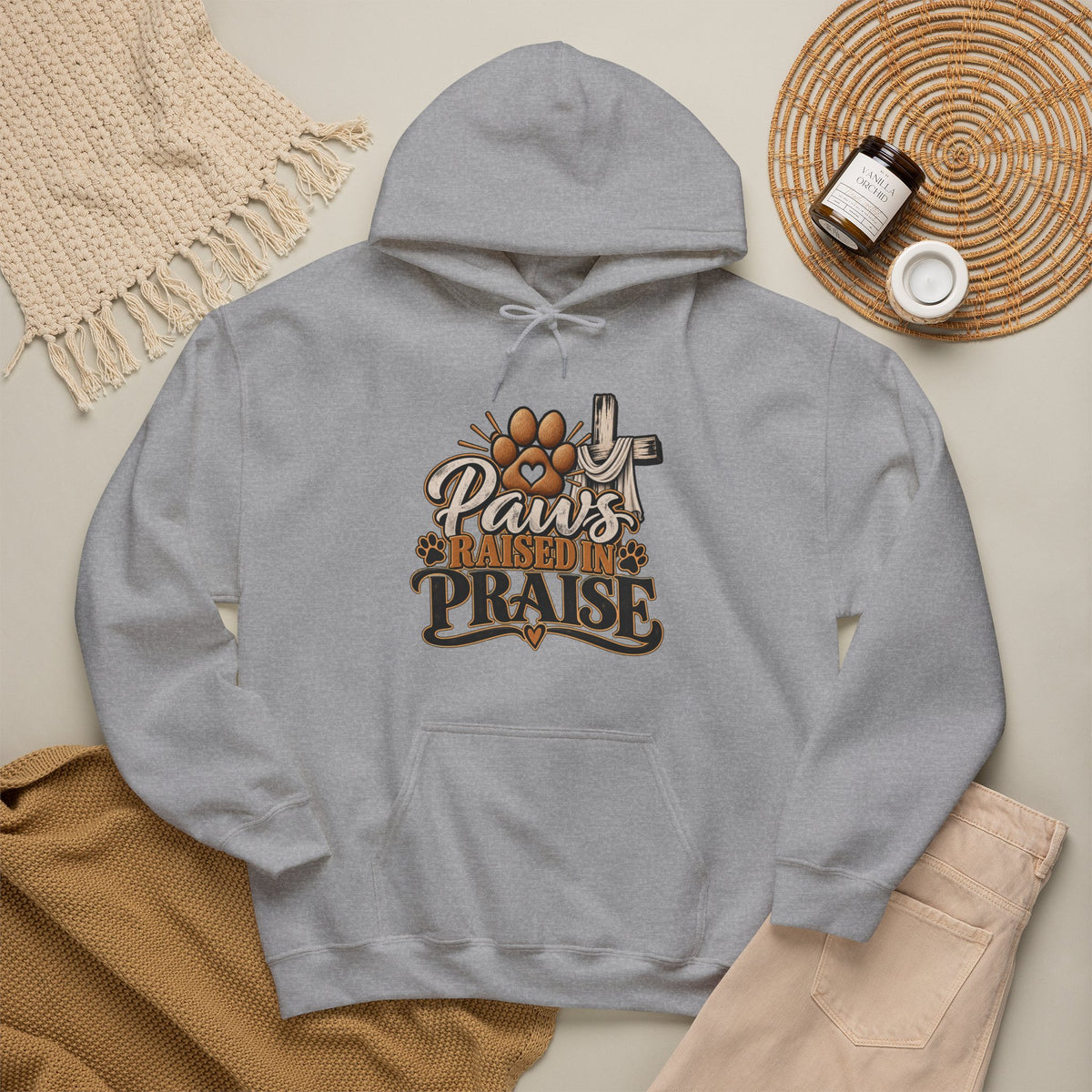 Paws Raised in Praise Hoodie | Christian Paw Print Cross Design