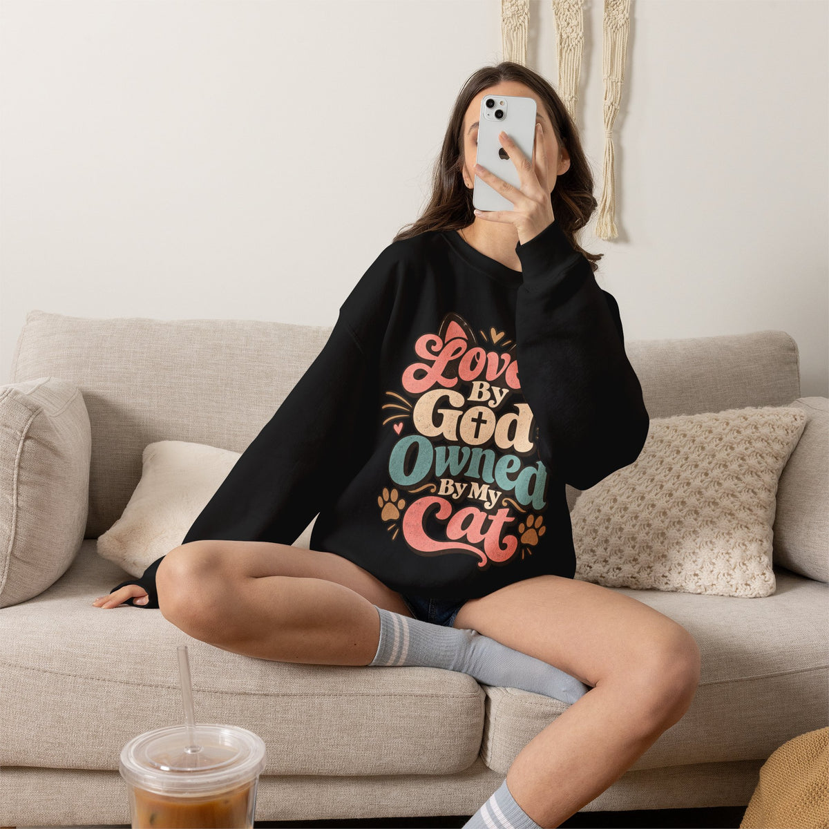 Loved by God Owned by My Cat Sweatshirt | Cute Cat Paw Typography