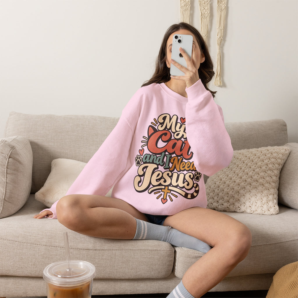 My Cat and I Need Jesus Sweatshirt | Cat Paw Faith Graphic