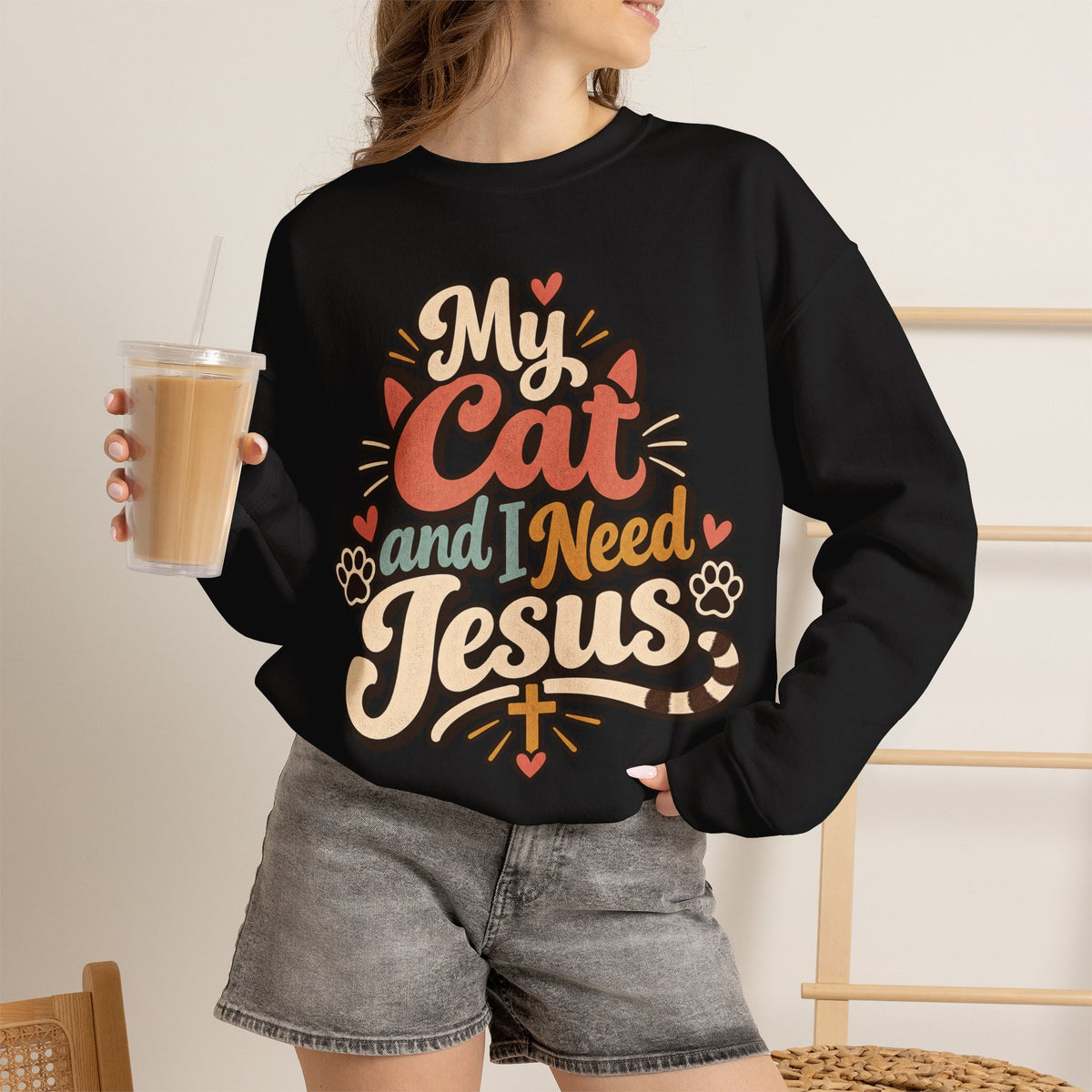 My Cat and I Need Jesus Sweatshirt | Cat Paw Faith Graphic