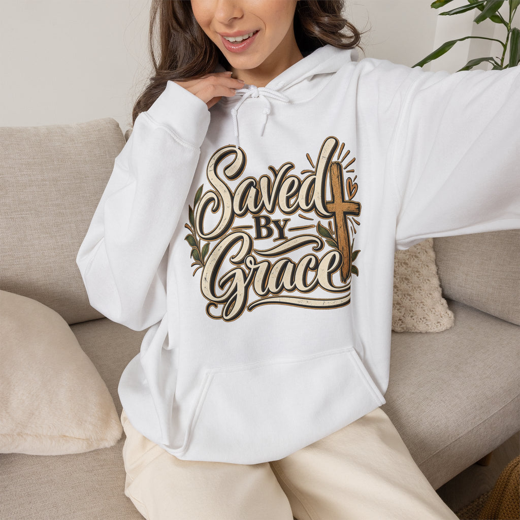 Saved by Grace Hoodie | Christian Cross Typography, Faith Apparel