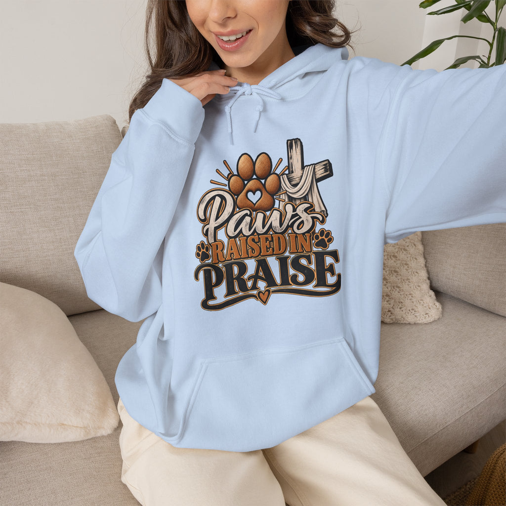 Paws Raised in Praise Hoodie | Christian Paw Print Cross Design