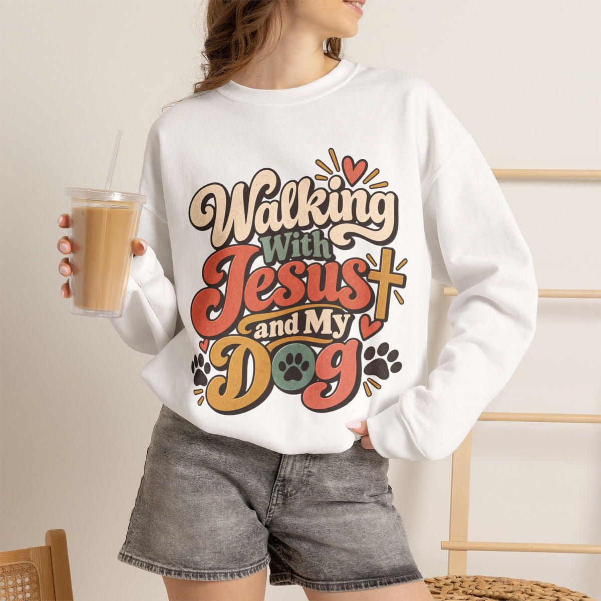 Walking With Jesus and My Dog Sweatshirt | Christian Paw Print Design