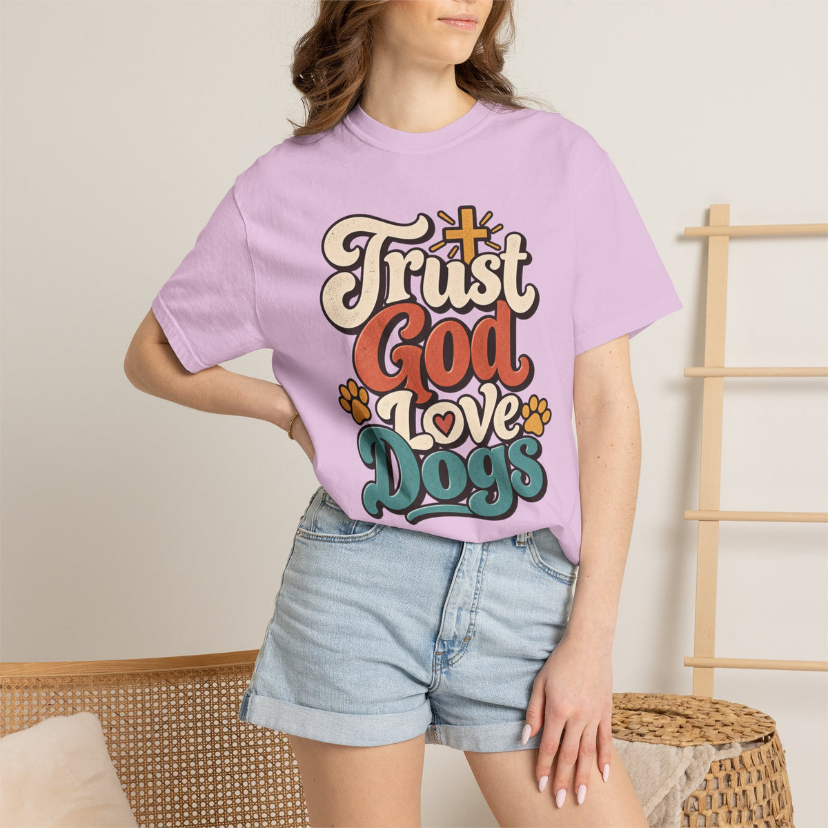 Trust God Love Dogs T-Shirt | Retro Paw Print Faith Tee