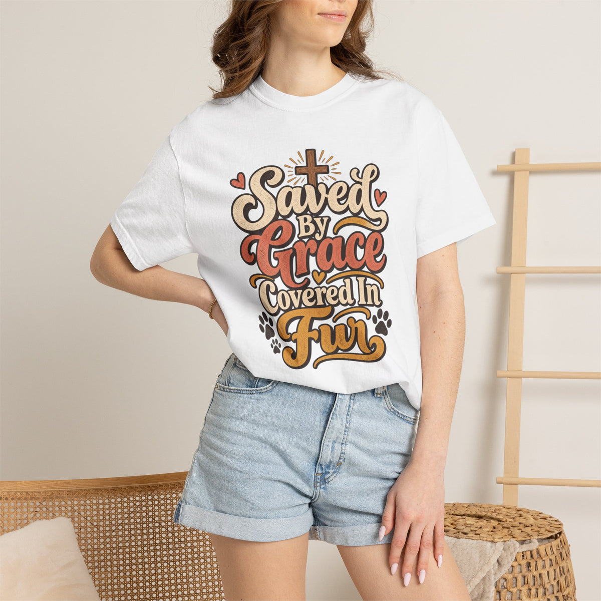 Saved By Grace Covered In Fur T-shirt | Christian Pet Lover Tee