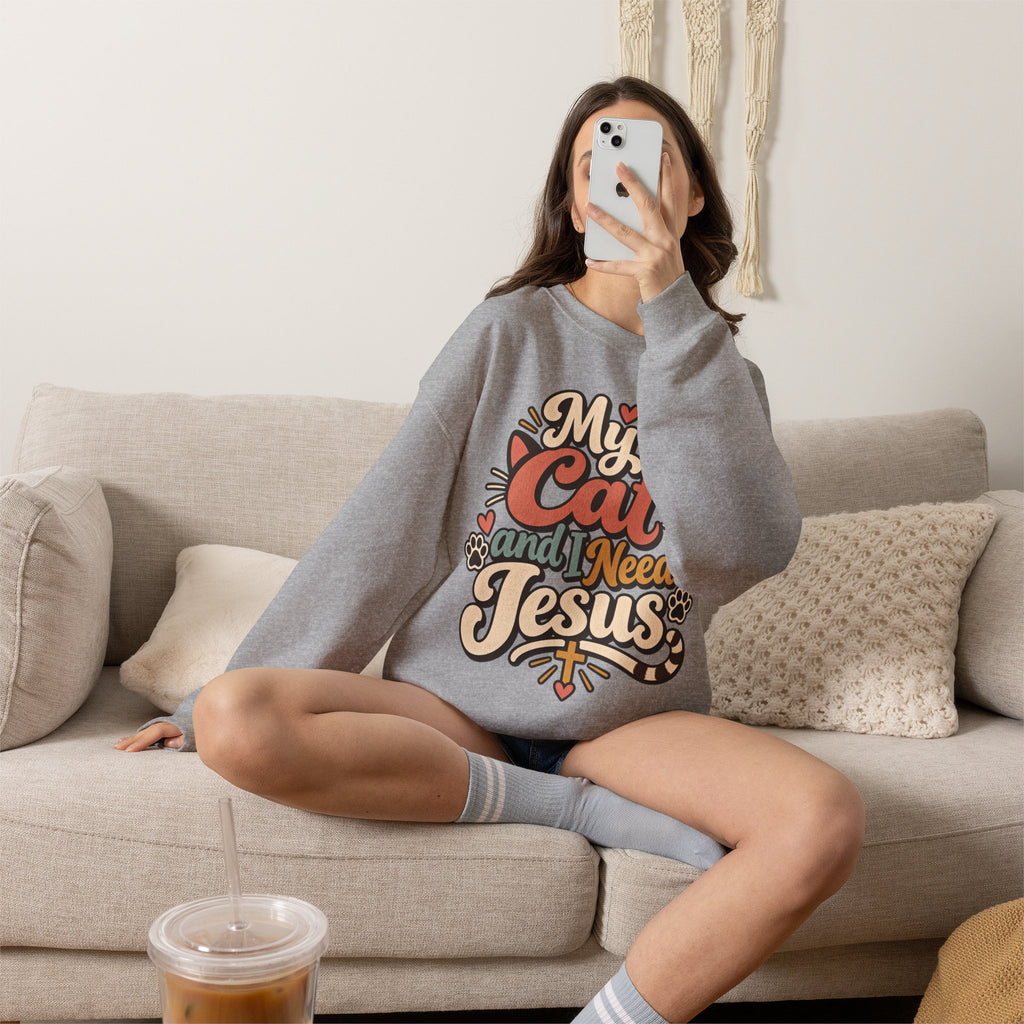 My Cat and I Need Jesus Sweatshirt | Cat Paw Faith Graphic