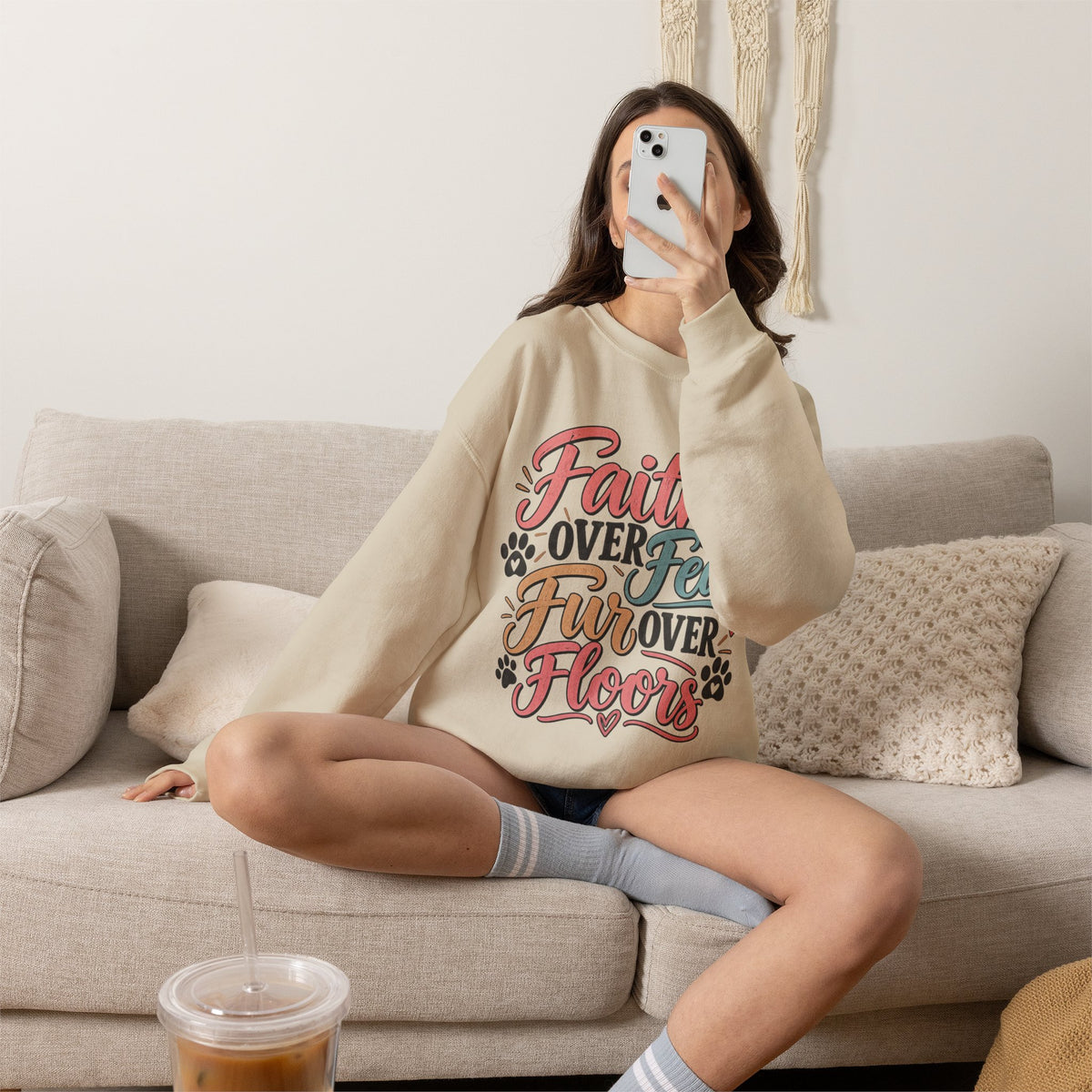 Faith Over Fear Fur Over Floors Sweatshirt | Pet Lover Paw Print Design