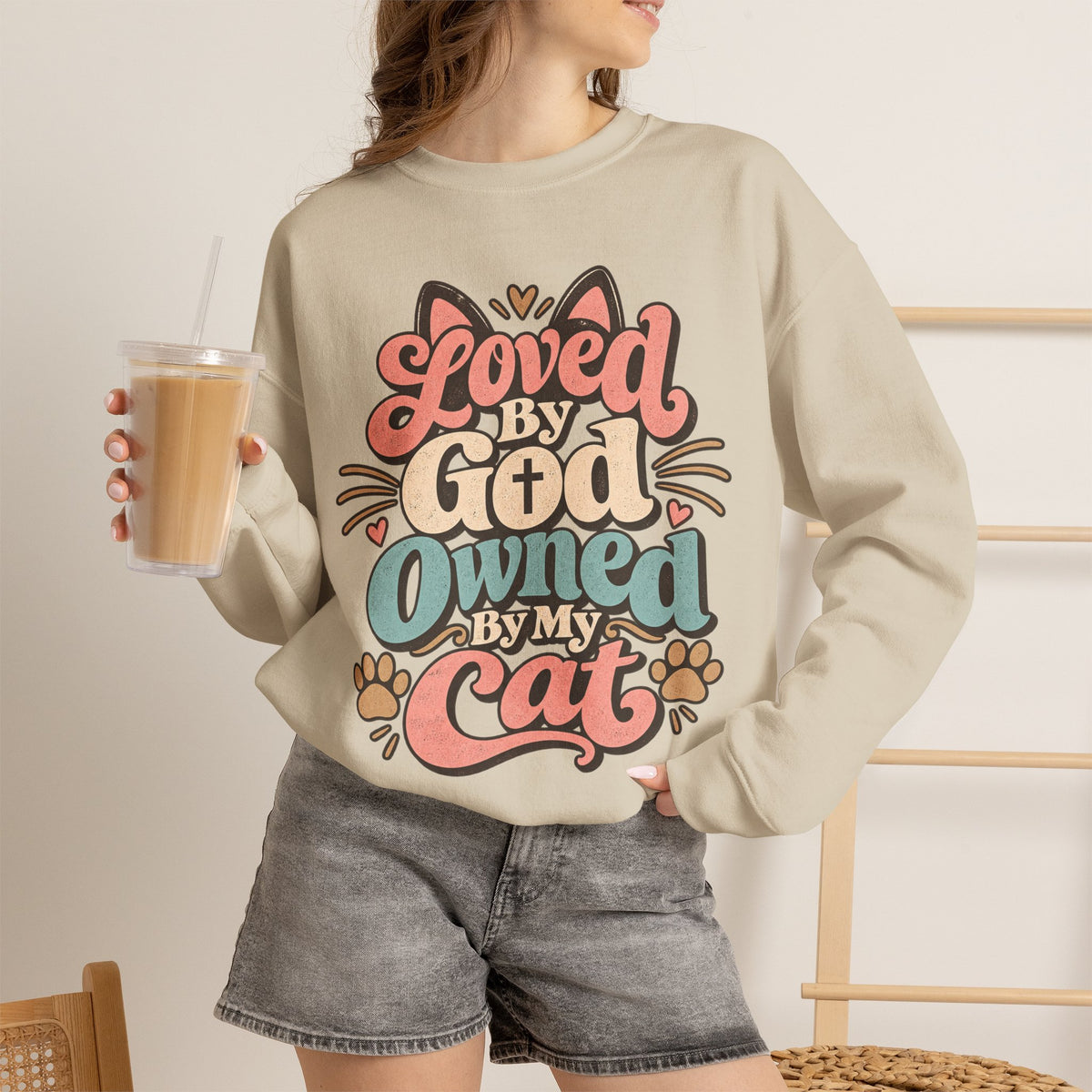 Loved by God Owned by My Cat Sweatshirt | Cute Cat Paw Typography