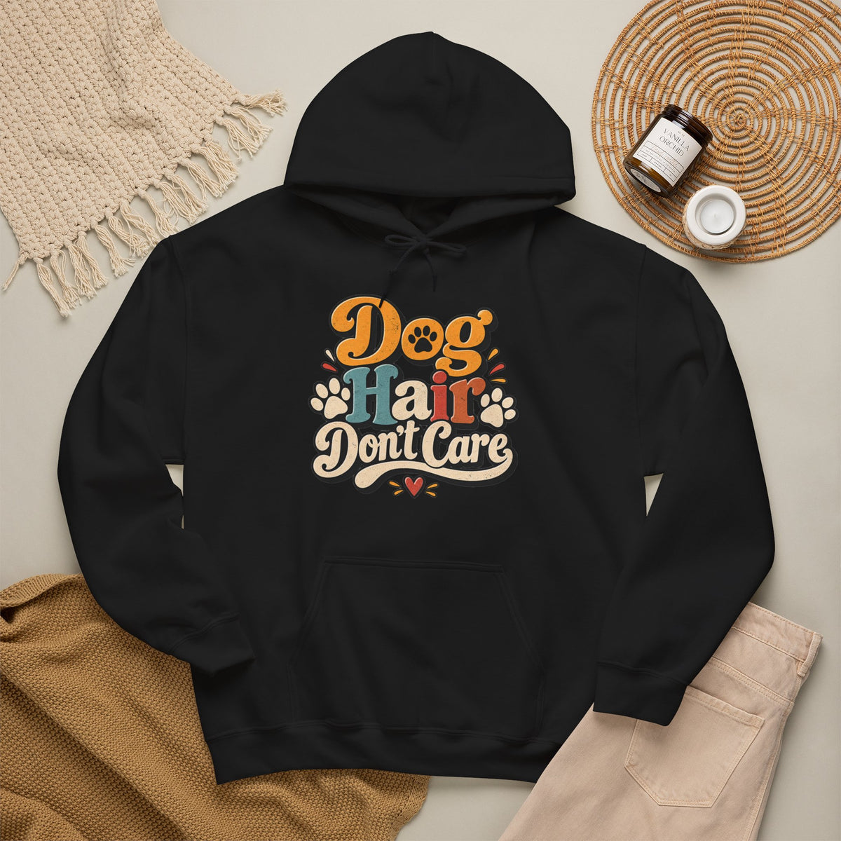 Dog Hair Don't Care Hoodie | Retro Paw Print Design