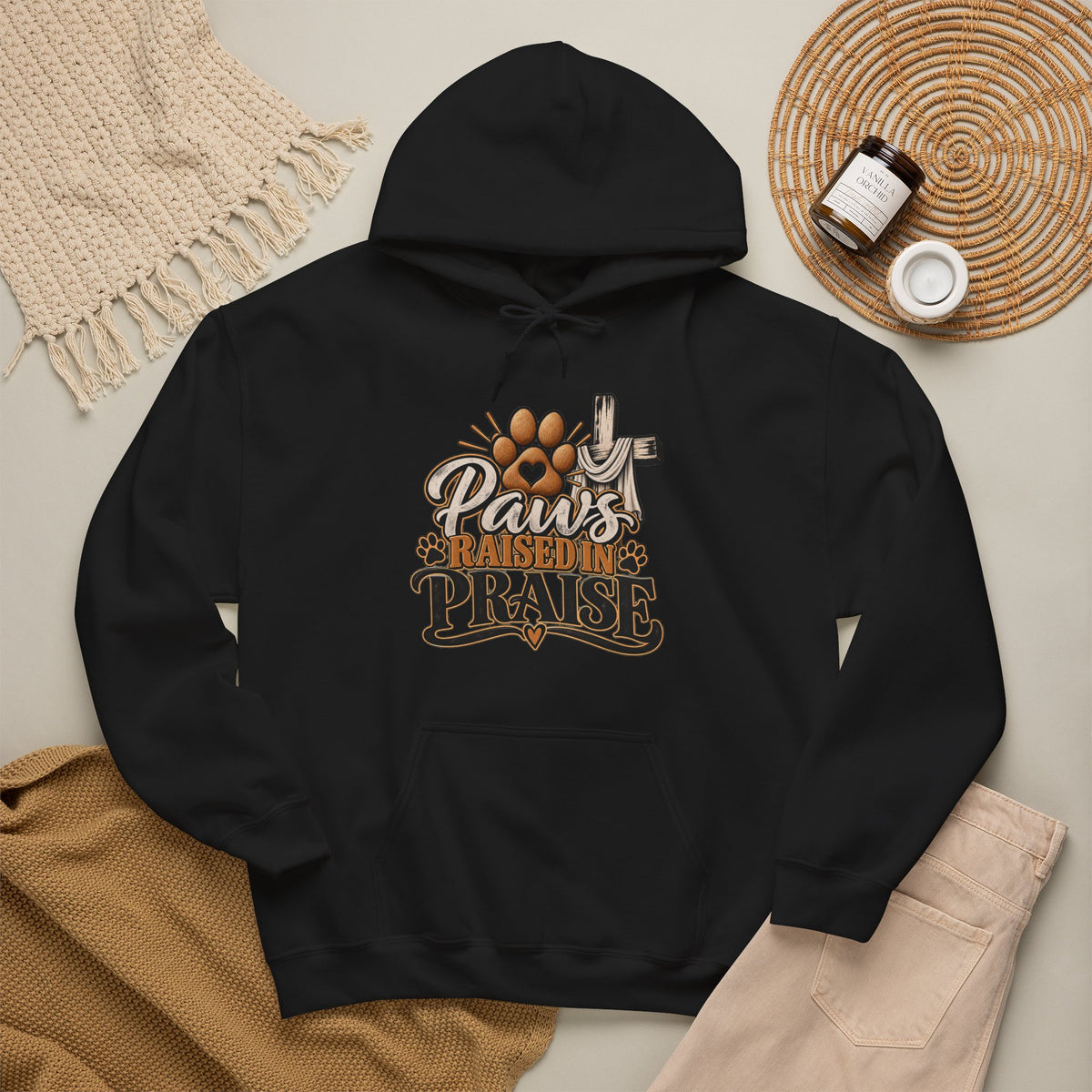 Paws Raised in Praise Hoodie | Christian Paw Print Cross Design