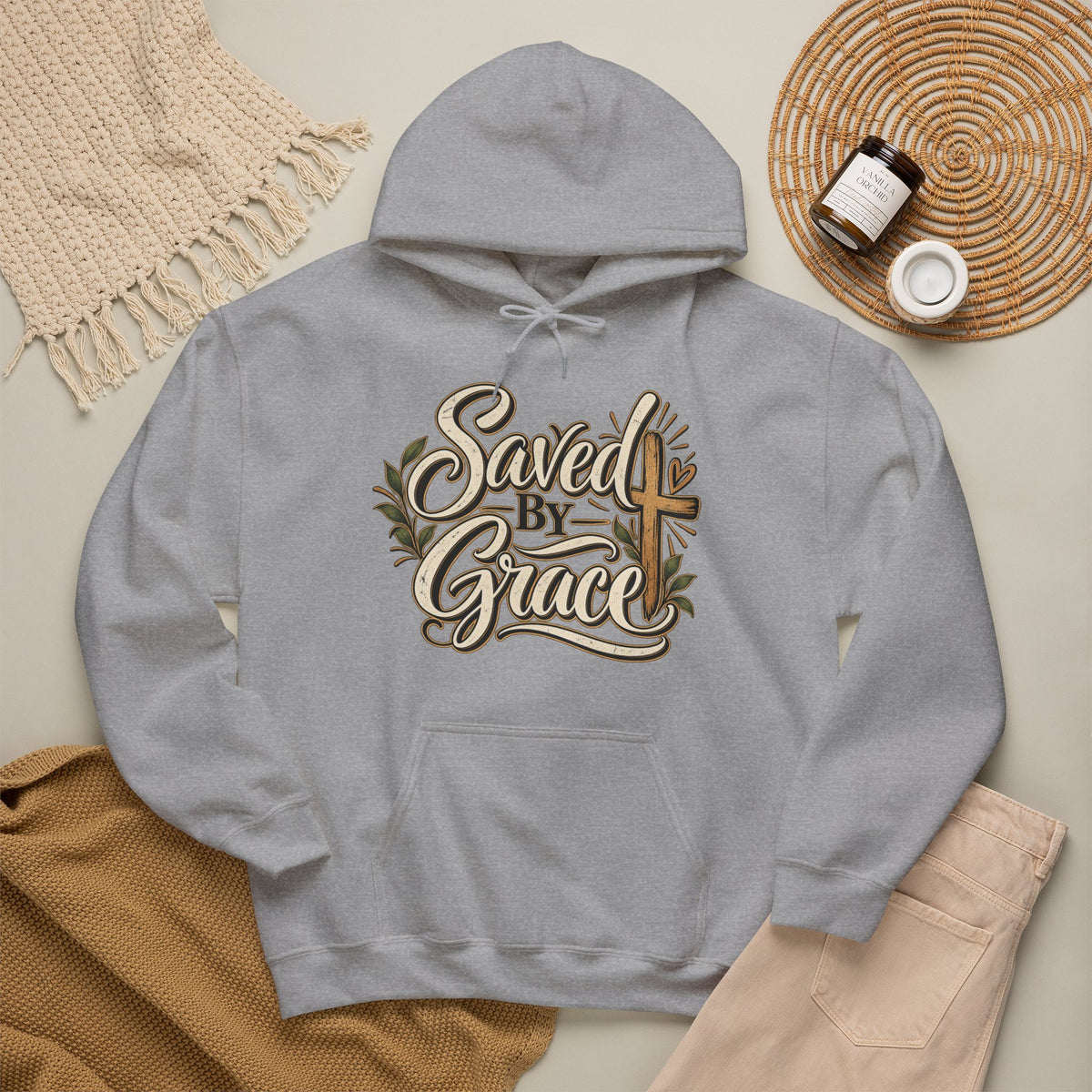 Saved by Grace Hoodie | Christian Cross Typography, Faith Apparel