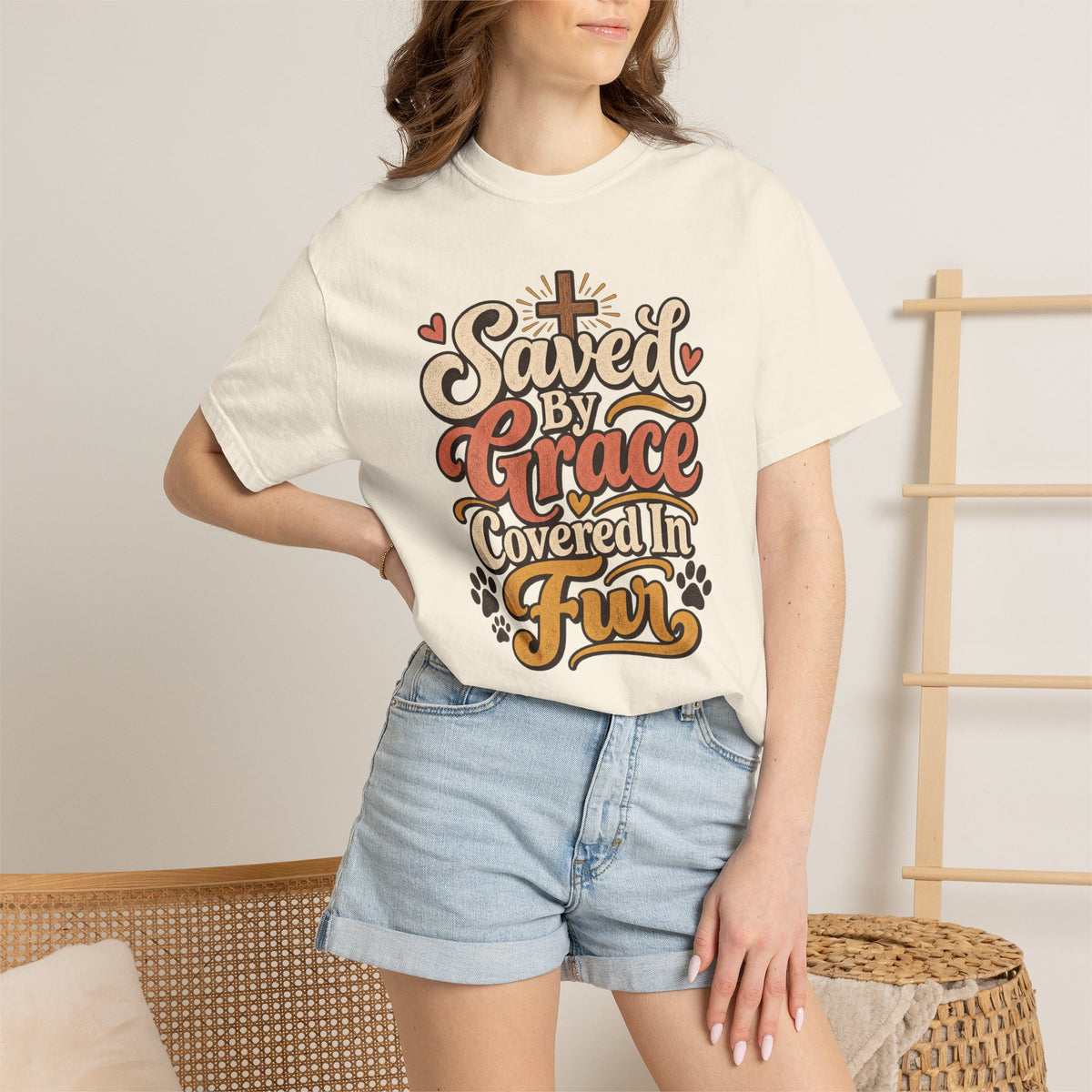 Saved By Grace Covered In Fur T-shirt | Christian Pet Lover Tee