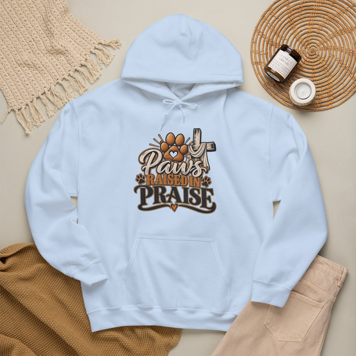 Paws Raised in Praise Hoodie | Christian Paw Print Cross Design