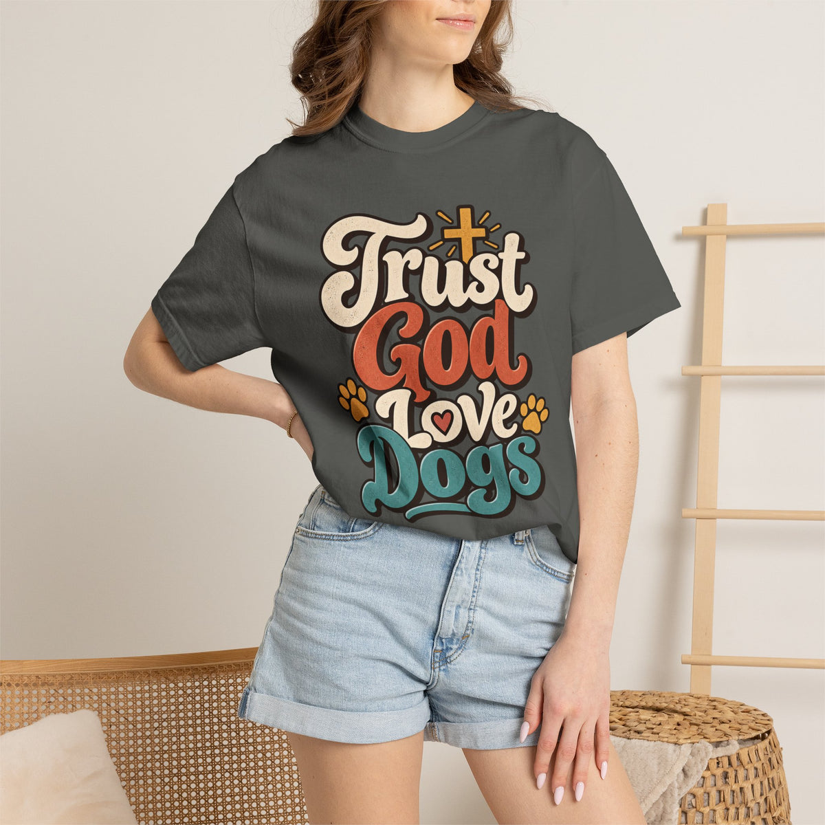 Trust God Love Dogs T-Shirt | Retro Paw Print Faith Tee