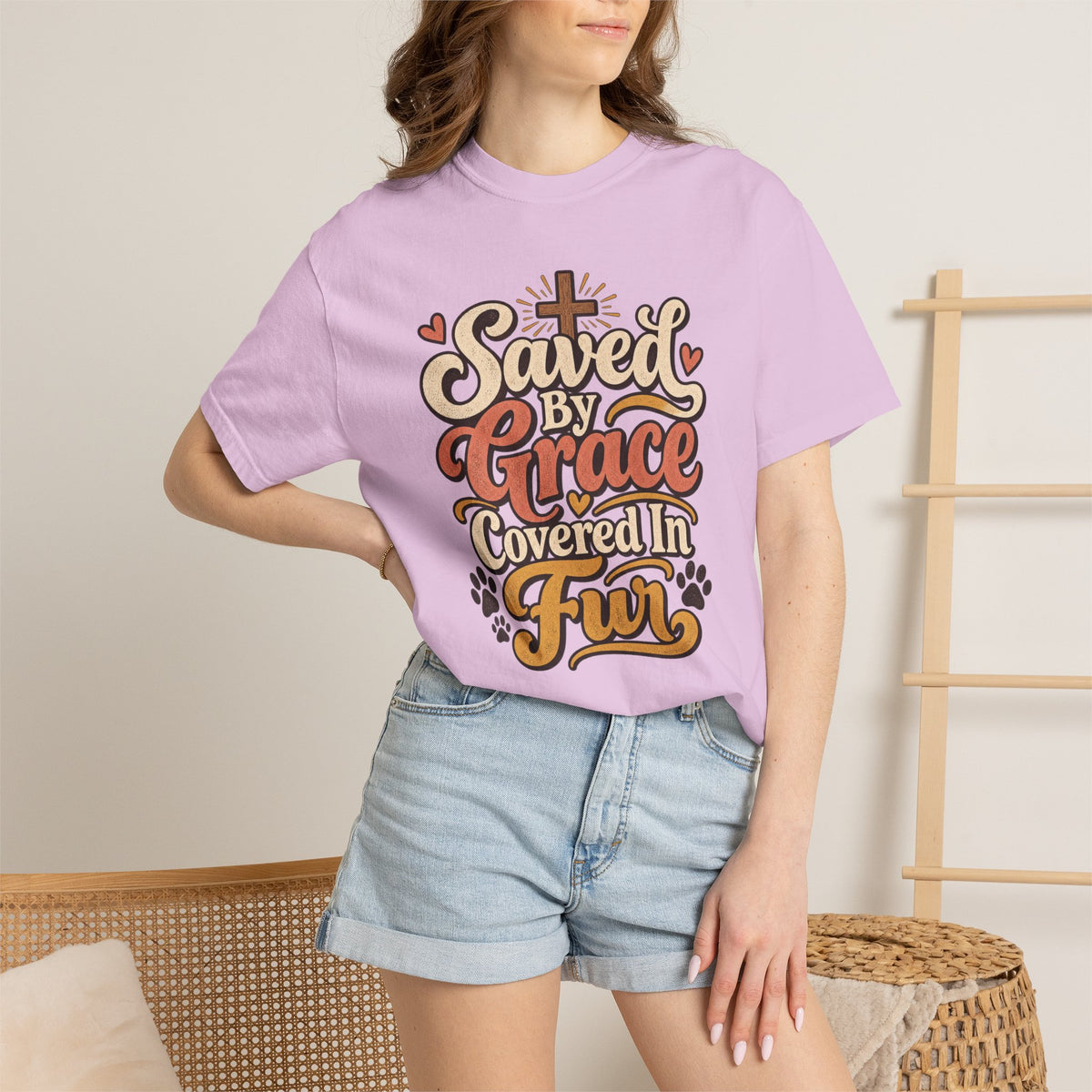 Saved By Grace Covered In Fur T-shirt | Christian Pet Lover Tee