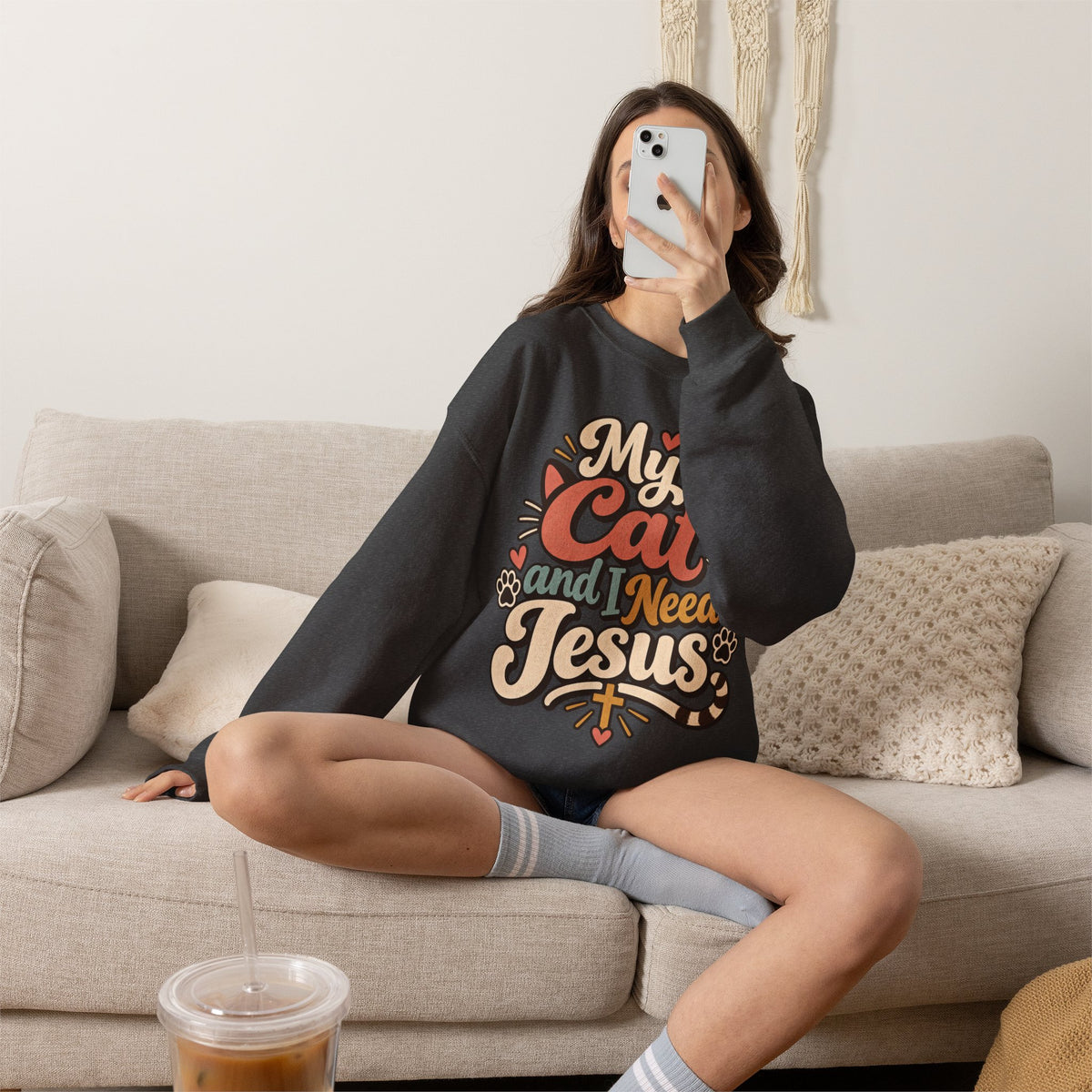My Cat and I Need Jesus Sweatshirt | Cat Paw Faith Graphic