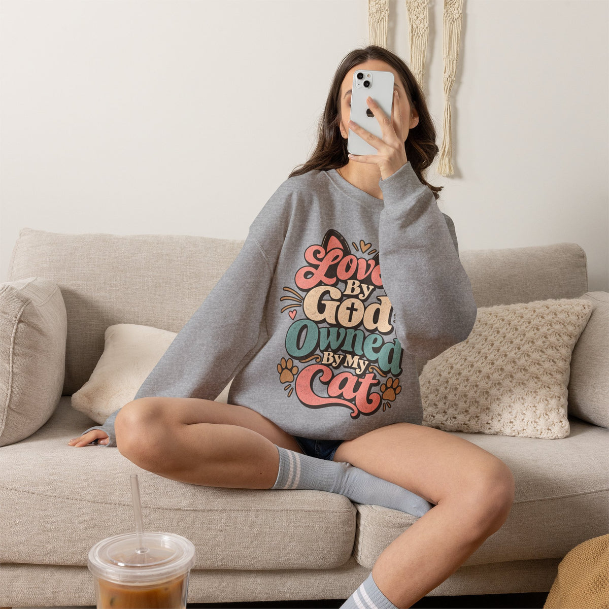 Loved by God Owned by My Cat Sweatshirt | Cute Cat Paw Typography
