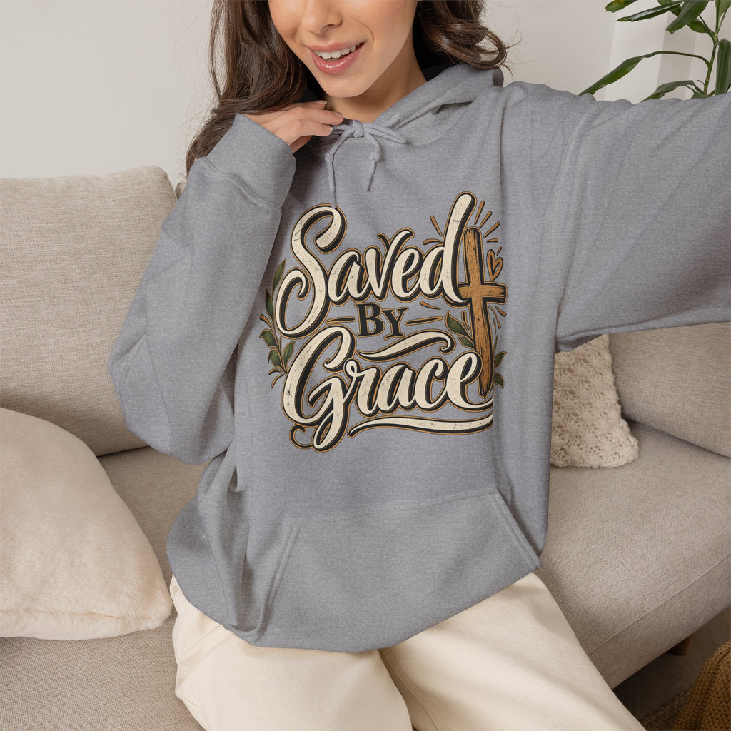 Saved by Grace Hoodie | Christian Cross Typography, Faith Apparel