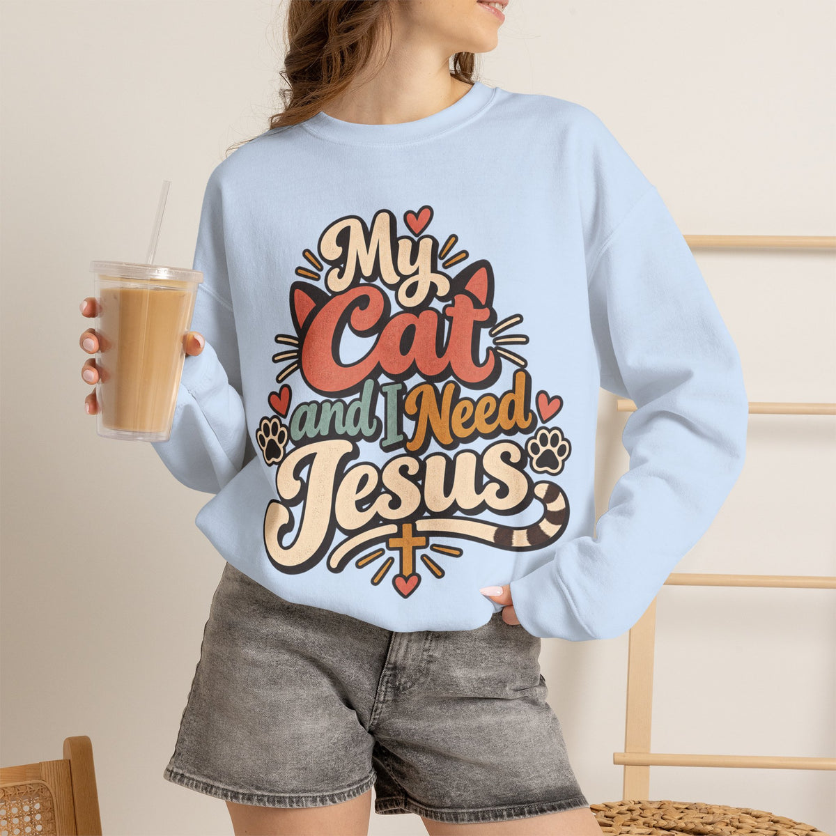 My Cat and I Need Jesus Sweatshirt | Cat Paw Faith Graphic