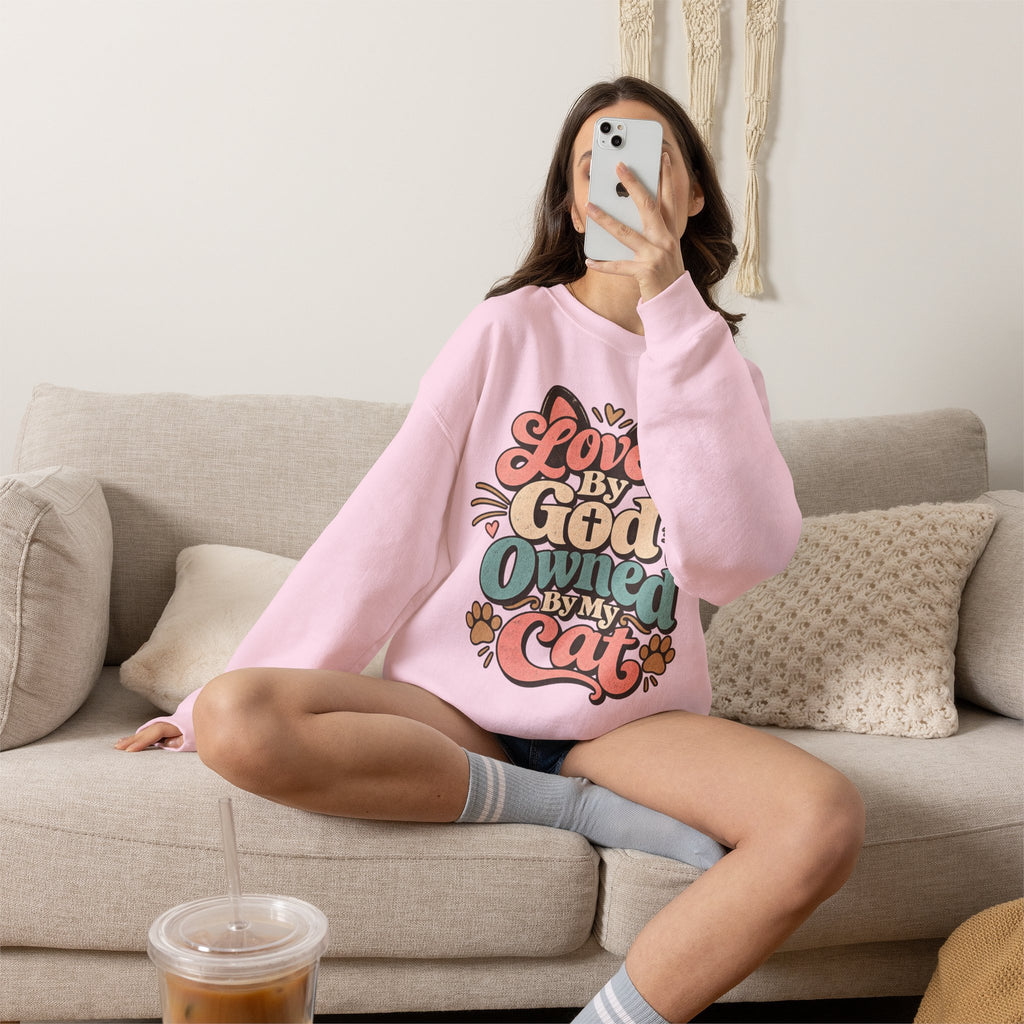 Loved by God Owned by My Cat Sweatshirt | Cute Cat Paw Typography