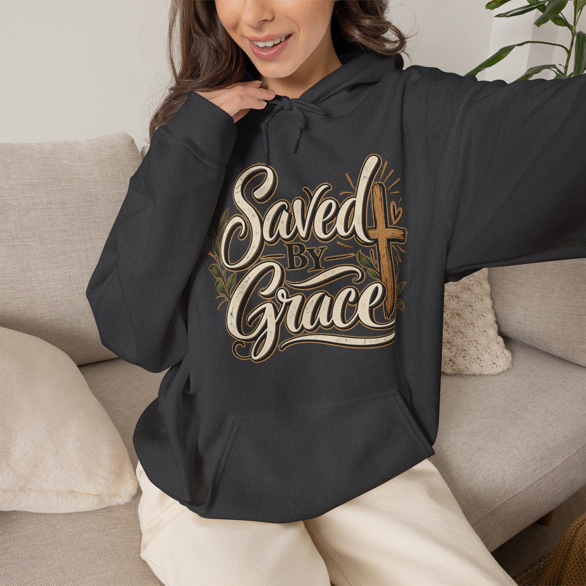 Saved by Grace Hoodie | Christian Cross Typography, Faith Apparel