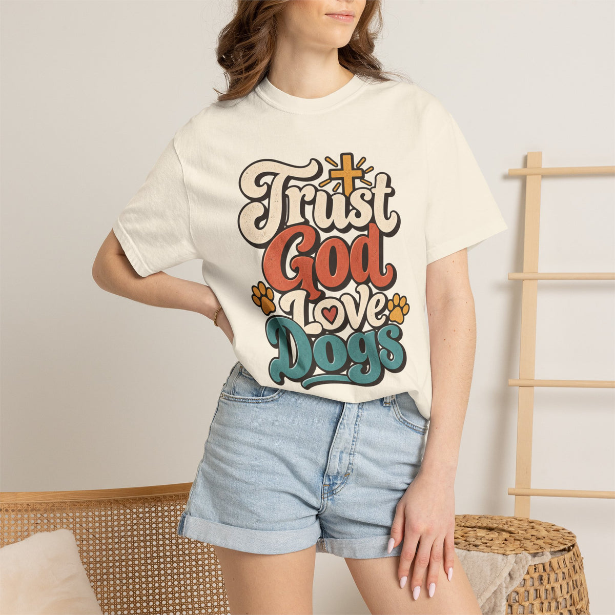 Trust God Love Dogs T-Shirt | Retro Paw Print Faith Tee