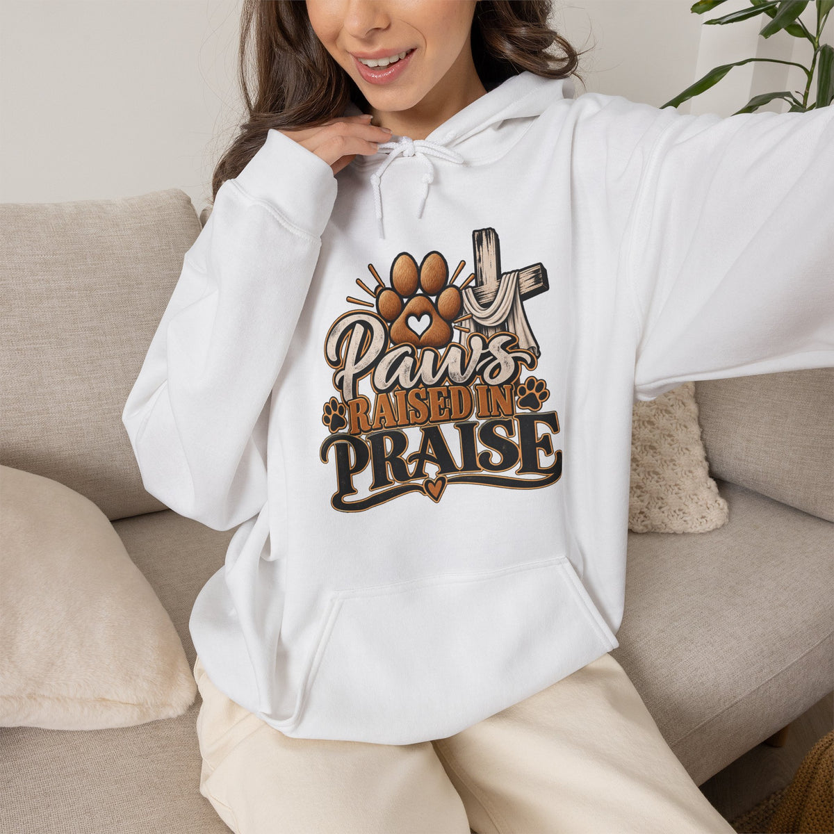 Paws Raised in Praise Hoodie | Christian Paw Print Cross Design